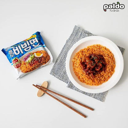 Paldo Fun & Yum Bibim Men Instant Cold Noodles, Pack of 5, Brothless Cold Ramen with Sweet & Spicy Seasoning Sauce, Oriental Style Korean Ramyun, Soupless K-Food, 130g x 5