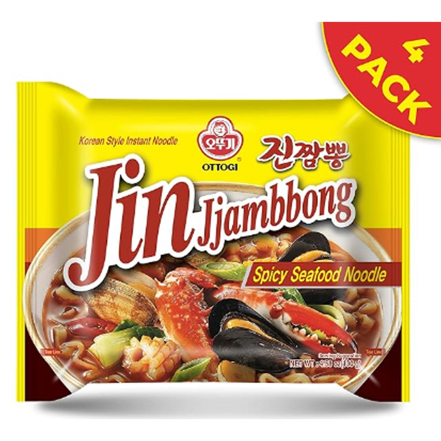 OTTOGI Jin Jjamppong, Korean Style Spicy Seafood Ramen Instant Noodle, 4 Pack x 4.58oz