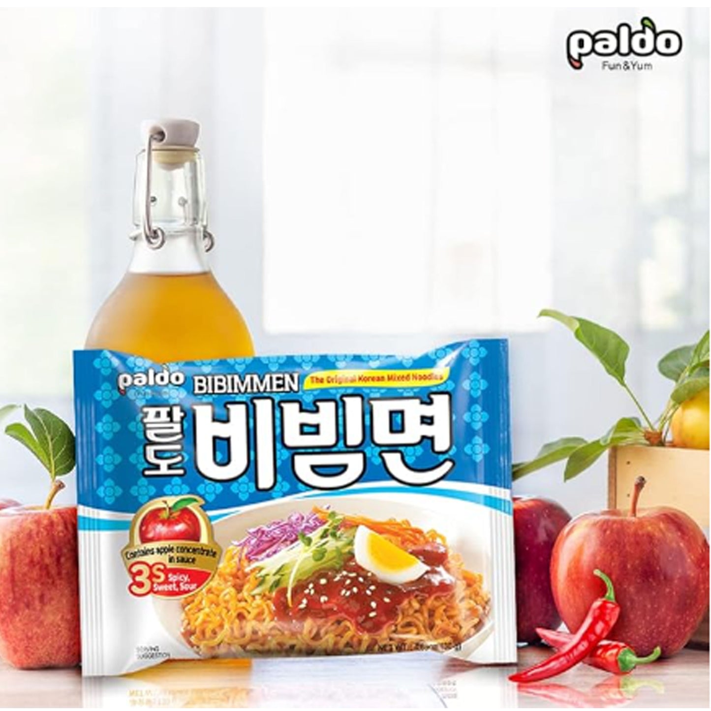 Paldo Fun & Yum Bibim Men Instant Cold Noodles, Pack of 5, Brothless Cold Ramen with Sweet & Spicy Seasoning Sauce, Oriental Style Korean Ramyun, Soupless K-Food, 130g x 5